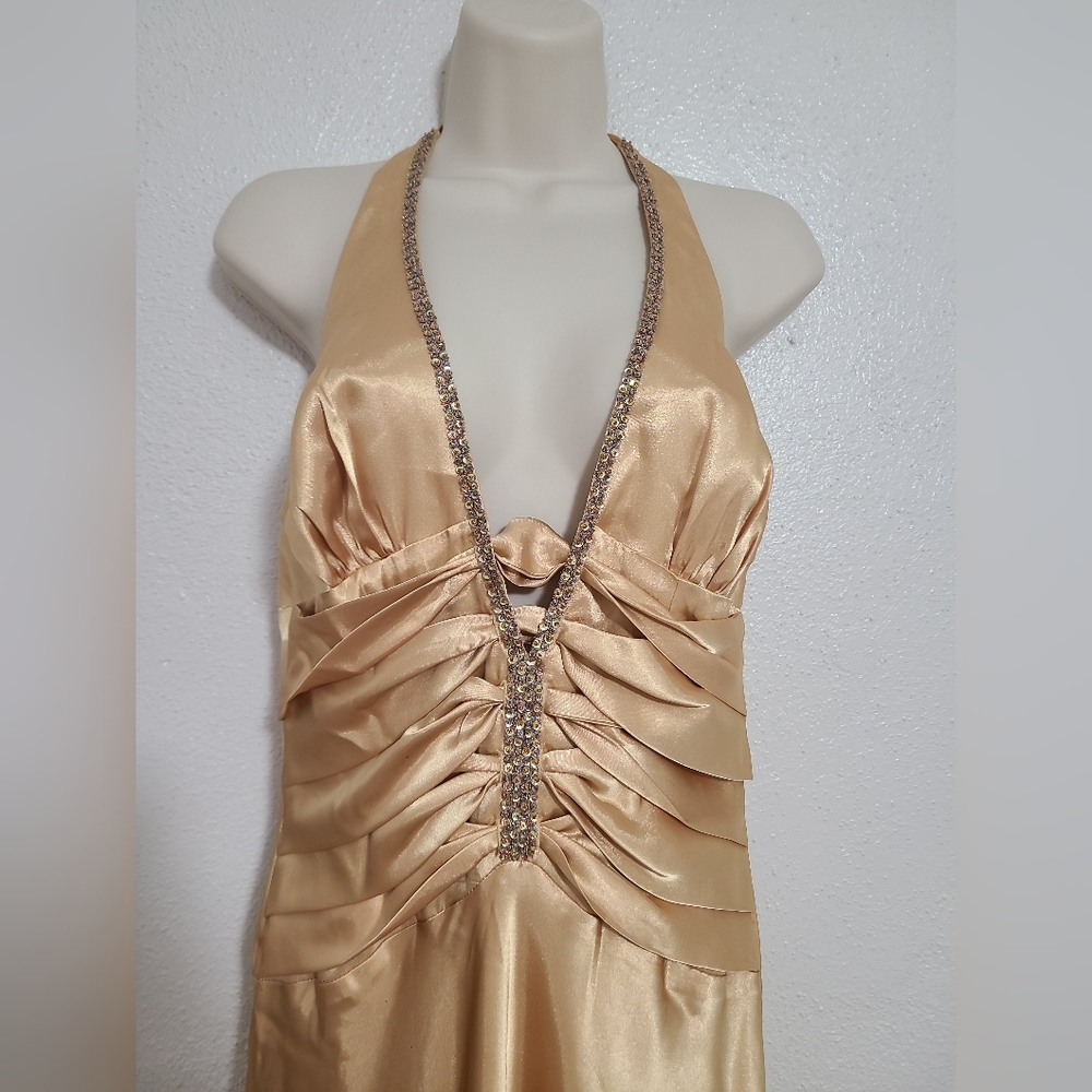 Halter Gown Dress Dave & Johnny by Laura Ryner Halter Rhineston Gold Size 5/6
